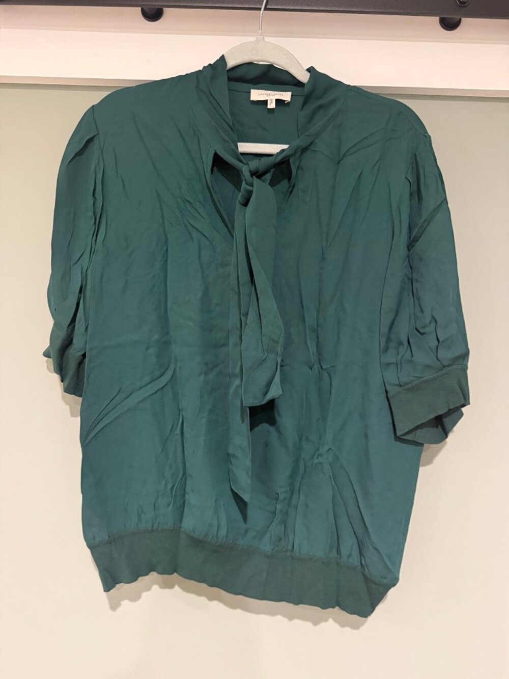 Lafayette 148 Green Silk Tie-Neck Blouse